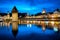 Lucerne, Switzerland, the Old town and Chapel bridge in the late evening blue light