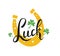 Luck word postcard design with beautiful handwritten lettering, green clover leaves and yellow horseshoe for  St. Patrick`s Day