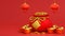 Lucky bag or treasure bag with gold and coin background greeting card for Chinese festival Chinese New Year, 3d render