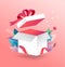 Lucky box, opened white present box with red ribbon. Sale concept design, give away promotion. Vector illustration