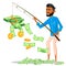 Lucky Businessman With A Fishing Rod In Hands And Pile Of Money Near Vector. Isolated Illustration