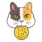 Lucky calico crypto cat holding Bitcoin in mouth, funny poster for someone who love cats and crypto coins