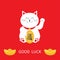 Lucky cat holding golden coin. Japanese Maneki Neco cat waving hand paw icon.