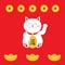 Lucky cat holding golden coin. Japanese Maneki Neco cat waving hand paw icon