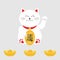 Lucky cat holding golden coin. Japanese Maneki Neco cat waving hand paw icon. Chinese gold Ingot. Feng shui Success wealth symbol