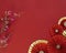 Lucky Chinese new year red background decoration with cherry blossom flower and paper fan