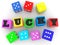 Lucky concept on colorful toy cubes with dices around