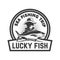 Lucky fish. Emblem template with fisherman with tuna. Design element for logo, label, sign, badge.
