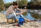 Lucky fisherman caught a trout fish