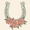 Lucky Horseshoe with floral decorations. Vector vintage illustration clipart isolated for design