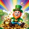 A lucky Irish Leprechaun counting his stash of gold coins