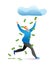 Lucky man character running under cloud money rain, fortunate male winner lottery cartoon vector illustration, isolated