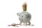 Lucky porcelain piggy bank with Euro bill and coins, isolated with small shadows on a white background, money concept for finance