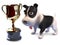 Lucky puppy dog has won the gold cup trophy award, 3d render