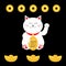 Lucky white cat sitting and holding golden coin 2017 text.