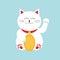 Lucky white cat sitting and holding golden coin. Japanese Maneki Neco cat waving hand paw icon.