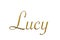 Lucy - Female name . Gold 3D icon on white background. Decorative font. Template, signature logo.