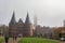 LUEBECK, Germany. Holsten Gate Holstentor, city gate  UNESCO World Heritage Site and St. Petry zu Luebeck.