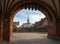 Luebeck, Germany. View of city through arch of famous Holsten gate Holstentor.