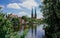 Luebeck, View of the city from river with a frame of greenery