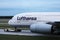 Lufthansa Airbus A380 plane being towed