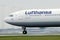 Lufthansa airplane landing on airport, close-up