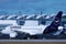 Lufthansa plane taxiing, close-up view, Munich Airport