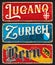 Lugano, Bern, Zurich, Swiss city plates, stickers