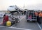 luggage and bicycles waiting for boarding ryanair airplane on eindhoven airport in the netherlands