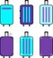 Luggage icon. Flat suitcase. Vector illustration of purple and blue suitcases on a white background. Set of colorful luggage