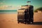 Luggage stands on a sandy beach view of the ocean. Pile Ancient Suitcases