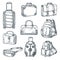 Luggage suitcase, handbags icons set, isolated. Vector sketch illustration. Travel baggage design elements