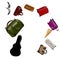 luggage, of suitcases, bags, basket, guitar case, umbrella, gull on a white background