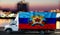 Luhansk People`s Republic flag on the side of a white van against the backdrop of a blurred city and river. Logistics concept