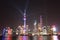 The Lujiazui Oriental Pearl Tower lights a night show on the Bund by the Huangpu River in Shanghai