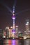 The Lujiazui Oriental Pearl Tower lights a night show on the Bund by the Huangpu River in Shanghai