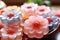 Luk chup candies in shape of flowers. Thai cuisine. Close-up