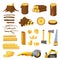 Lumber industry materials and tools. Wood planks, logs, board and tree chips. Axe, chisel, saw, grinder and belt sander