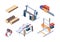 Lumber isometric. Sawmill items and workers wood workman vector isometric collection