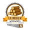 Lumber label with wood stack and saw. Emblem for forestry and lumber industry