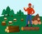 Lumberjack with axe in forest vector illustration. Woodcutter cutting down trees for timber, logs. Spruces, stumps.