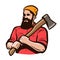 Lumberjack axeman with axe in hands. Carpentry woodworker sawmill concept. Cartoon vector illustration