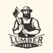 Lumberjack brutal bearded man with axe, logo. Logging, lumber-camp emblem. Vector illustration