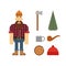 Lumberjack cartoon character with lumberjack icons.