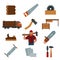 Lumberjack cartoon character with lumberjack tools