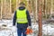 Lumberjack with chainsaw near marked trees in forest