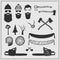 Lumberjack characters with tools and attributes set: chainsaws, saws, axes, stamps and trees.