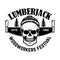 Lumberjack emblem. Skull with hand saw. Design element for logo, label, emblem, sign.