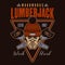Lumberjack head in knitted hat and saw vector emblem in colored style on dark background