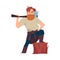 Lumberjack holding axe on his shoulder in flat vector illustration isolated